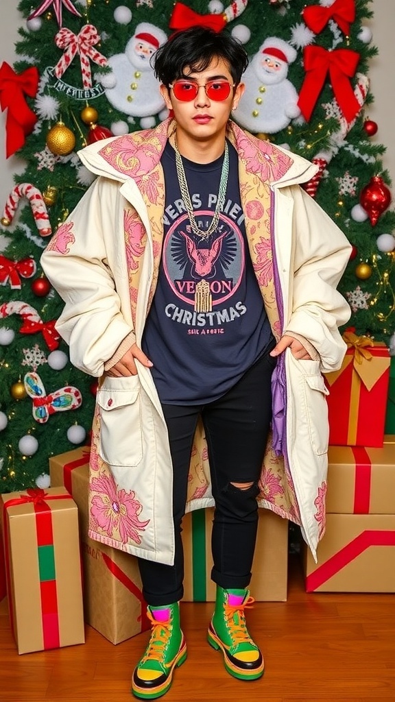 A stylish Jejemon-inspired Christmas party outfit with bright colors and unique accessories.